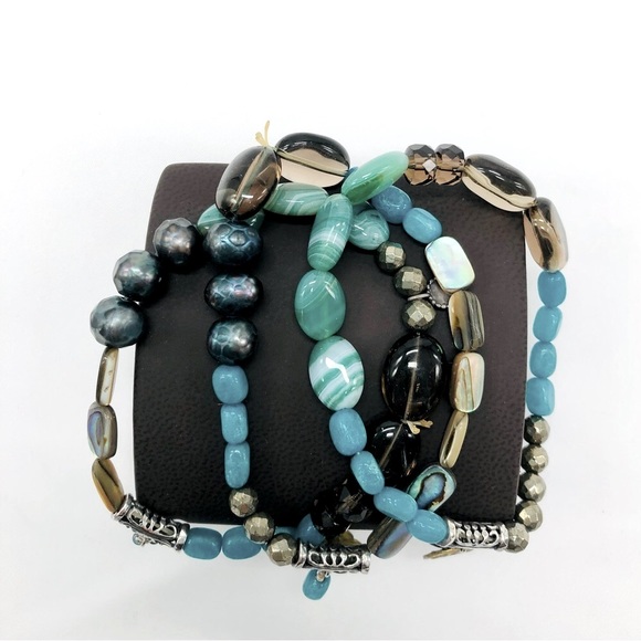 3 Teal Blue/Green Silpada Smokey Quartz Elastic Stretch Bead Bracelets - Picture 2 of 9